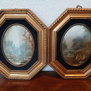 Pair of Vintage Framed Artwork in Gold Colored Frames with Velvet Mats